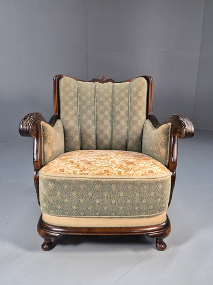 Antique Mahogany Shell Back Cream And Green Armchair Floral Pattern EB9531 VCLO - UKDK FURNITURE