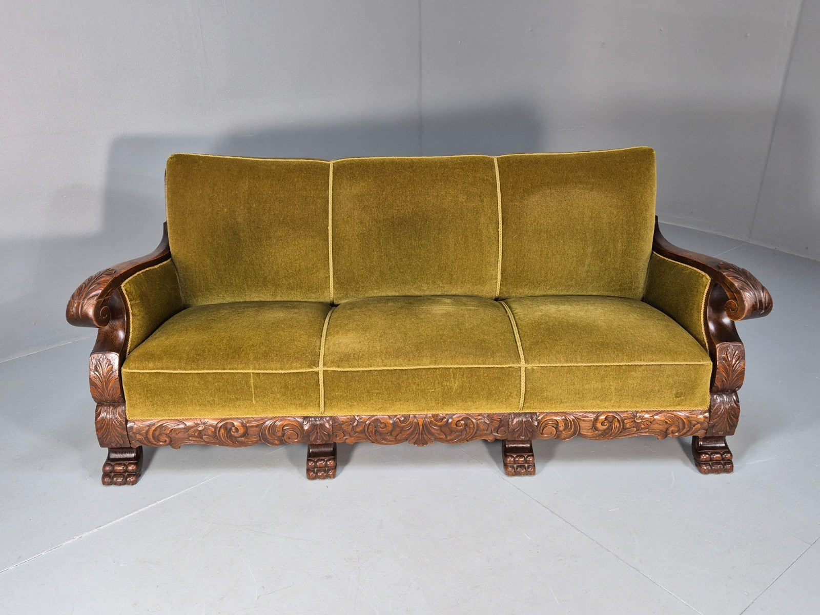 Vintage Danish Baroque Style 3 Seat Settee Green Velour Antique 1920 EB9653 V3SS - UKDK FURNITURE