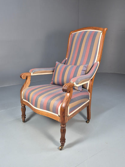 Antique Mahogany Lounge Chair Striped Cotton Upholstery EB10625 VCLO0