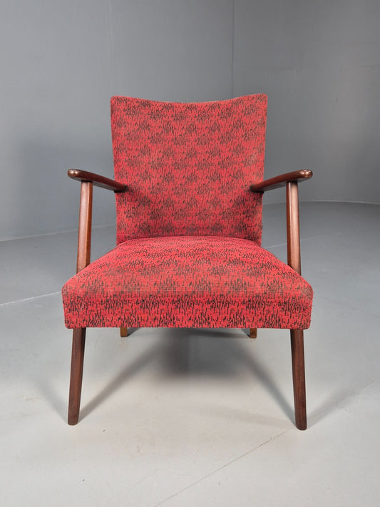 Mid Century Danish Armchair Teak Wood Red Pattern Fabric Vintage 60s EB9598 MNOR - UKDK FURNITURE