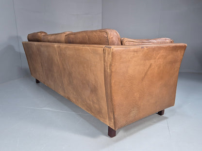 Mid Century 3 Seater Leather Sofa Danish Tan Leather  1970s Retro EB10102 M3SS16