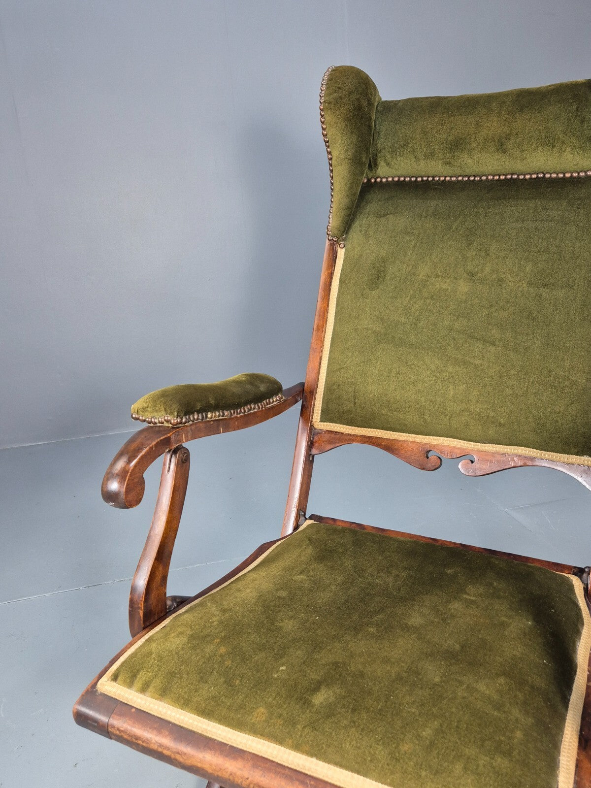 Antique Campaign Chair in Green Velour and Mahogany Victorian EB9696 VCLO - UKDK FURNITURE