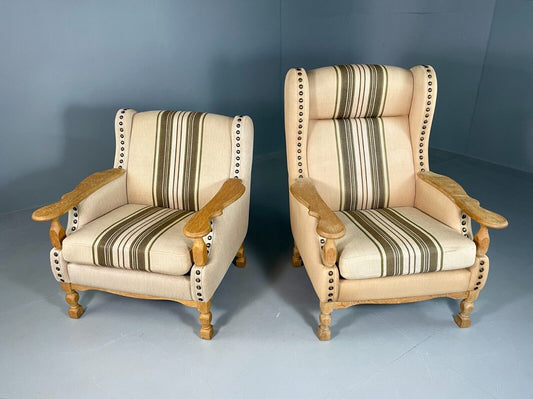 2 Vintage Danish Lounge Chairs Oak Frame Cream Wool Kjaernulf Retro EB6689 MNOR - UKDK FURNITURE