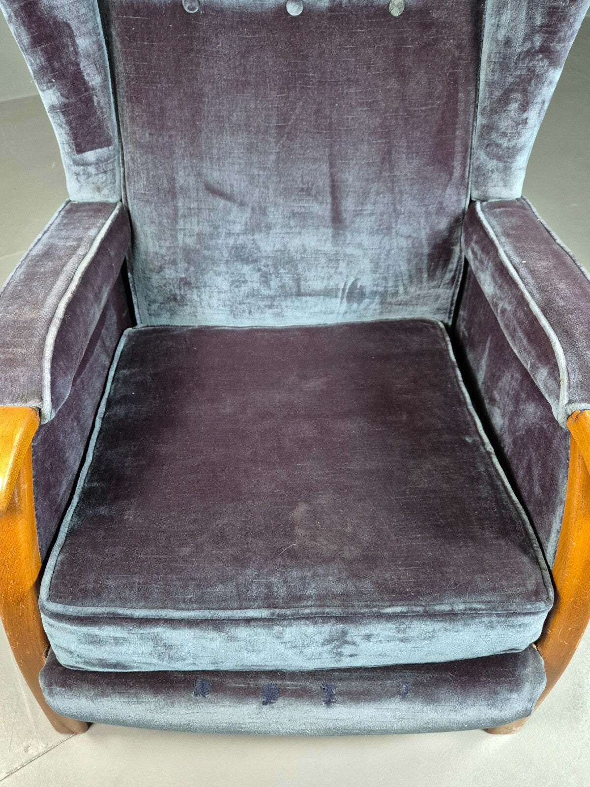 Vintage Lounge Wingback Chair Blue Velour Beech Frame 1950 Retro MCM EB7108 VCLO15