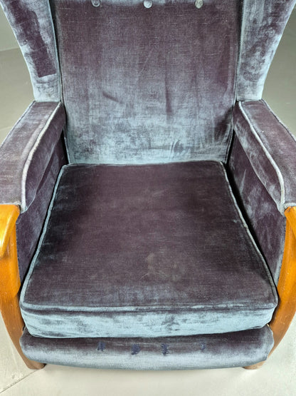 Vintage Lounge Wingback Chair Blue Velour Beech Frame 1950 Retro MCM EB7108 VCLO15