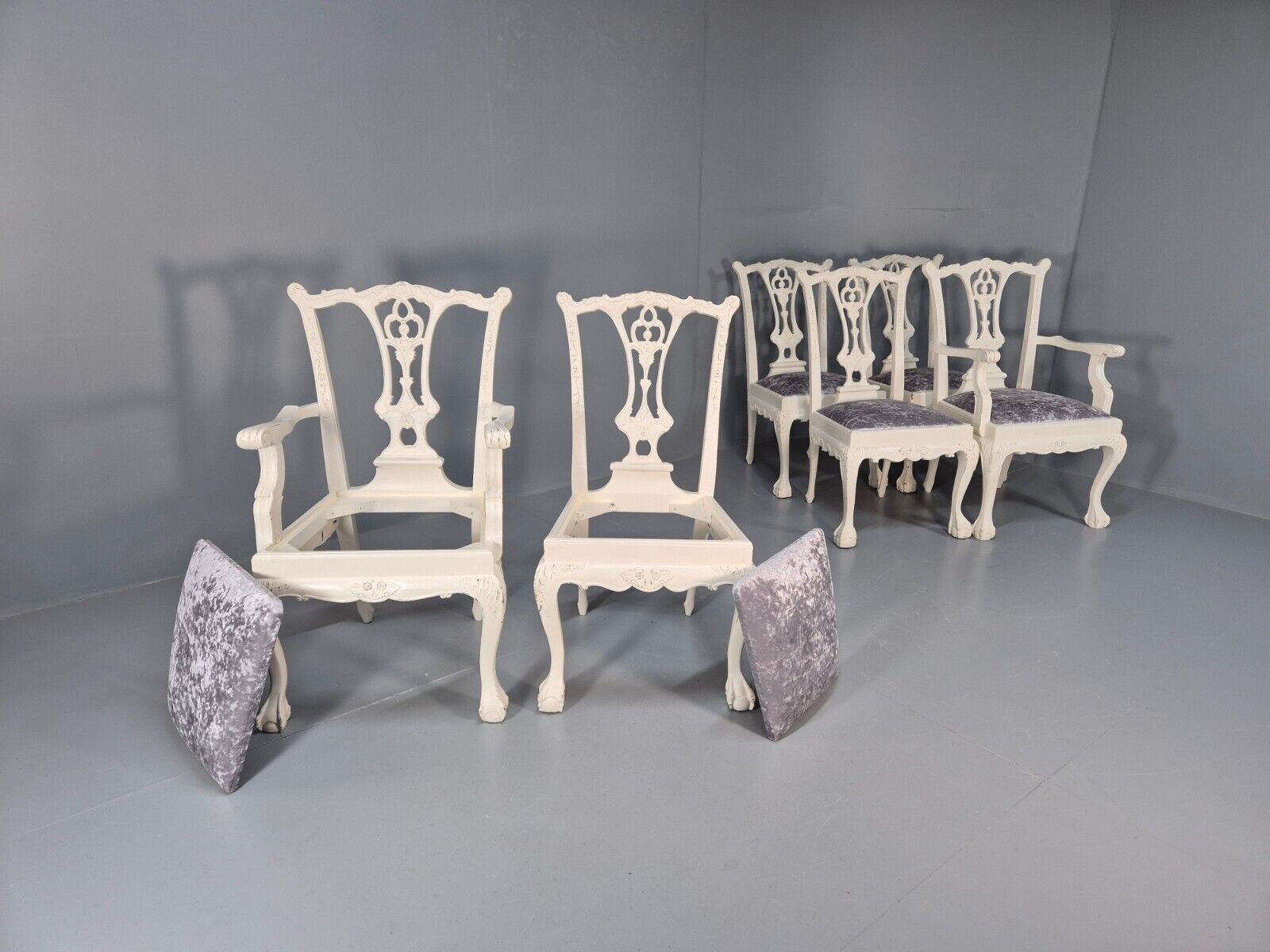 6 Vintage Chippendale Style Chairs White Painted Blue Chenille 1950s EB9394 VDIN - UKDK FURNITURE