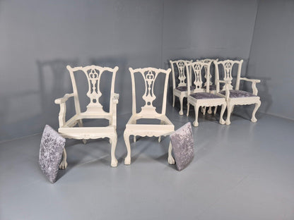 6 Vintage Chippendale Style Chairs White Painted Blue Chenille 1950s EB9394 VDIN - UKDK FURNITURE