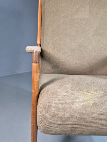 Vintage Swedish Lounge Chair Beige Wool Hardwood Frame MCM Retro EB7195 MNOR3