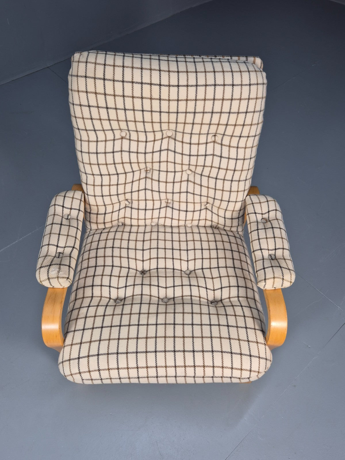 Vintage Bentwood Lounge Chair Danish Cream Wool Check 1980s Retro EB10334 MBEN3
