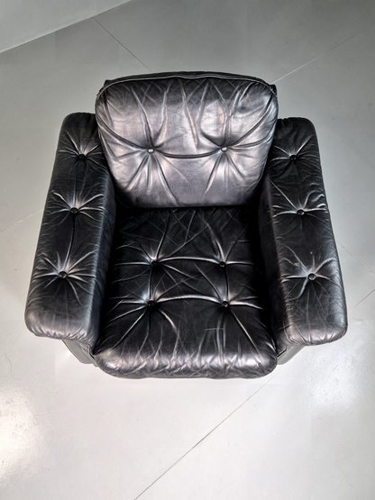 Vintage Danish Lounge Chair Black Leather Buttoned Retro MCM 1980s EB7081 MNOR - UKDK FURNITURE