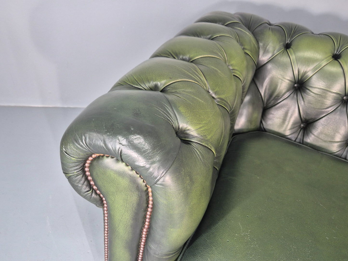 3 Seater Chesterfield Sofa Green Leather Studded Vintage EB11024 VCHE10