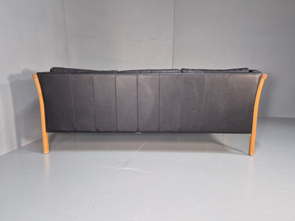 Vintage 3 Seat Sofa Black Leather Beech Ends Stouby Retro 1980s MCM EB8593 M3SS - UKDK FURNITURE