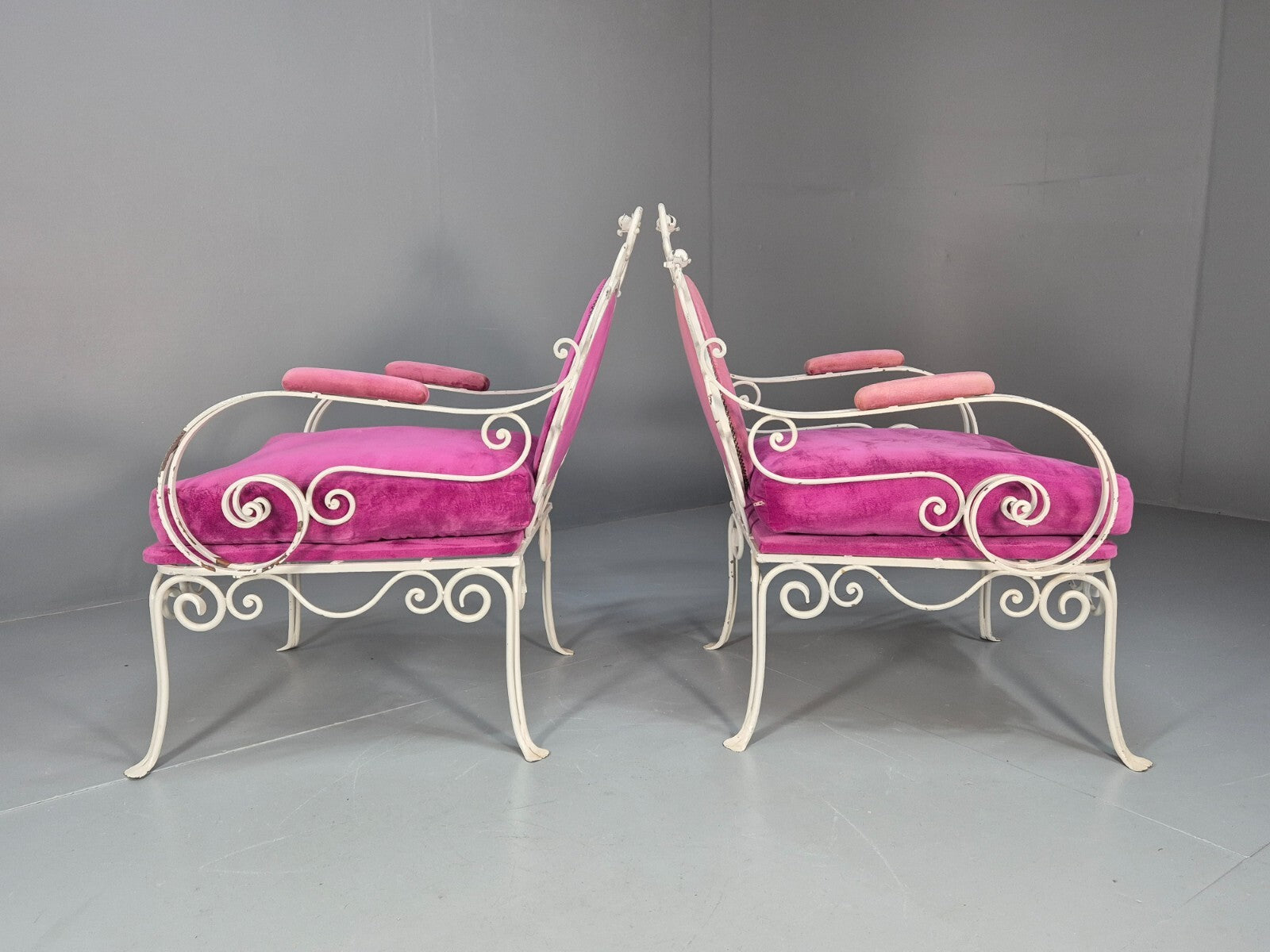 2 Vintage Pink Velvet and Wrought Iron 1950s Chairs French Orangery EB9677 VCLO - UKDK FURNITURE