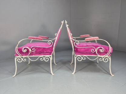 2 Vintage Pink Velvet and Wrought Iron 1950s Chairs French Orangery EB9677 VCLO - UKDK FURNITURE