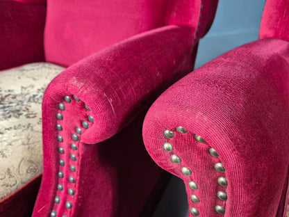 Pair Vintage Danish Wing Back Red Velour Studded Armchairs EB8059 VCLO - UKDK FURNITURE