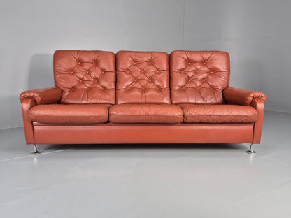 Vintage 3 seat Settee 1970s Retro Danish Red Tan Leather Buttoned EB10555 M3SS5