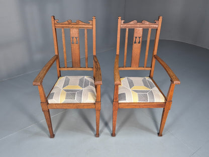 2 Arts and Crafts Elbow Chairs Oak Pierced Splat Ikea Fabric 1920s EB10717 VDIN2