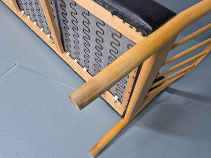 Mid Century Three Seater Sofa Beech Ends Black Leather 1980s Retro EB10399 M3SS10