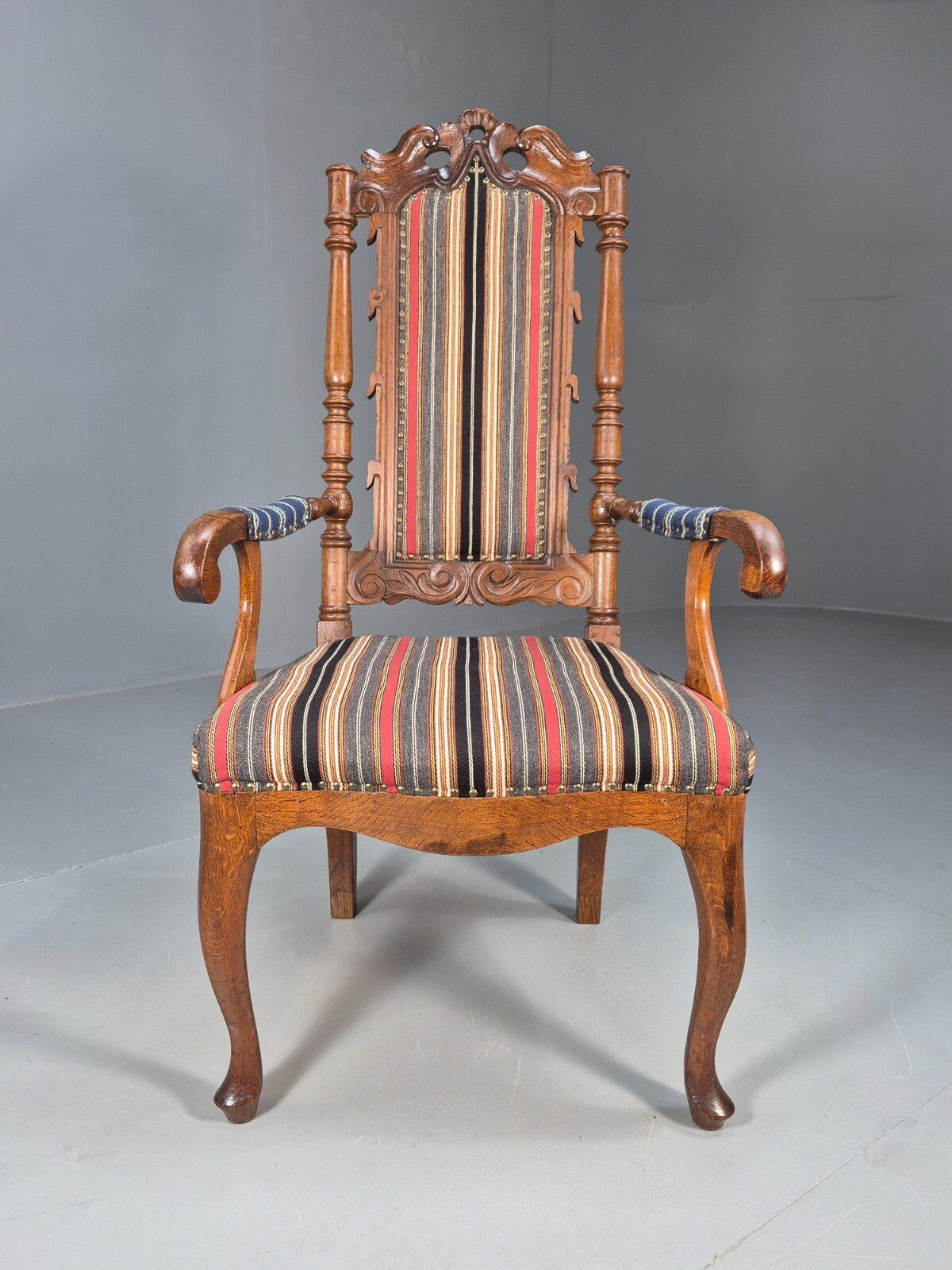 Vintage Danish Antique Armchair Early C20th Oak Frame Striped Wool EB8915 VCAR - UKDK FURNITURE