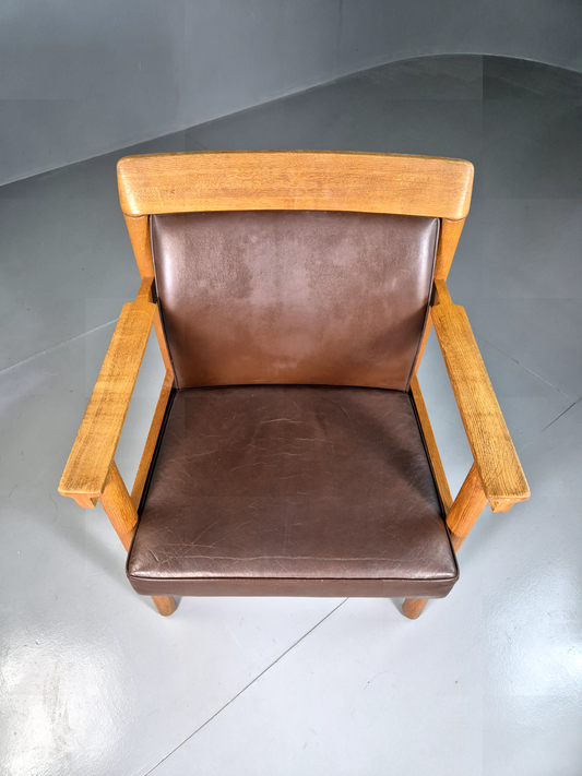 Vintage Swedish Elbow Chair Brown Leather Oak Frame Lundquist MCM EB7069 MNOR - UKDK FURNITURE
