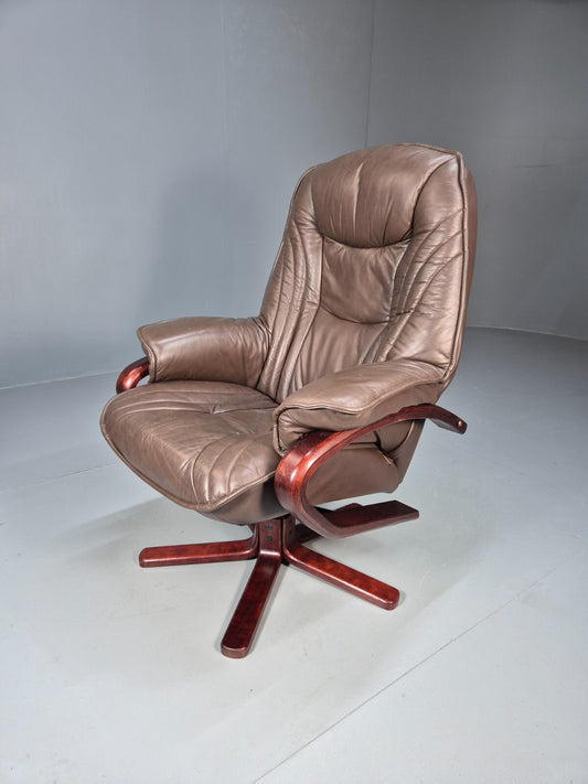 Vintage Reclining Swivel Chair Brown Leather Danish Stressless Style EB9234 MSWI - UKDK FURNITURE