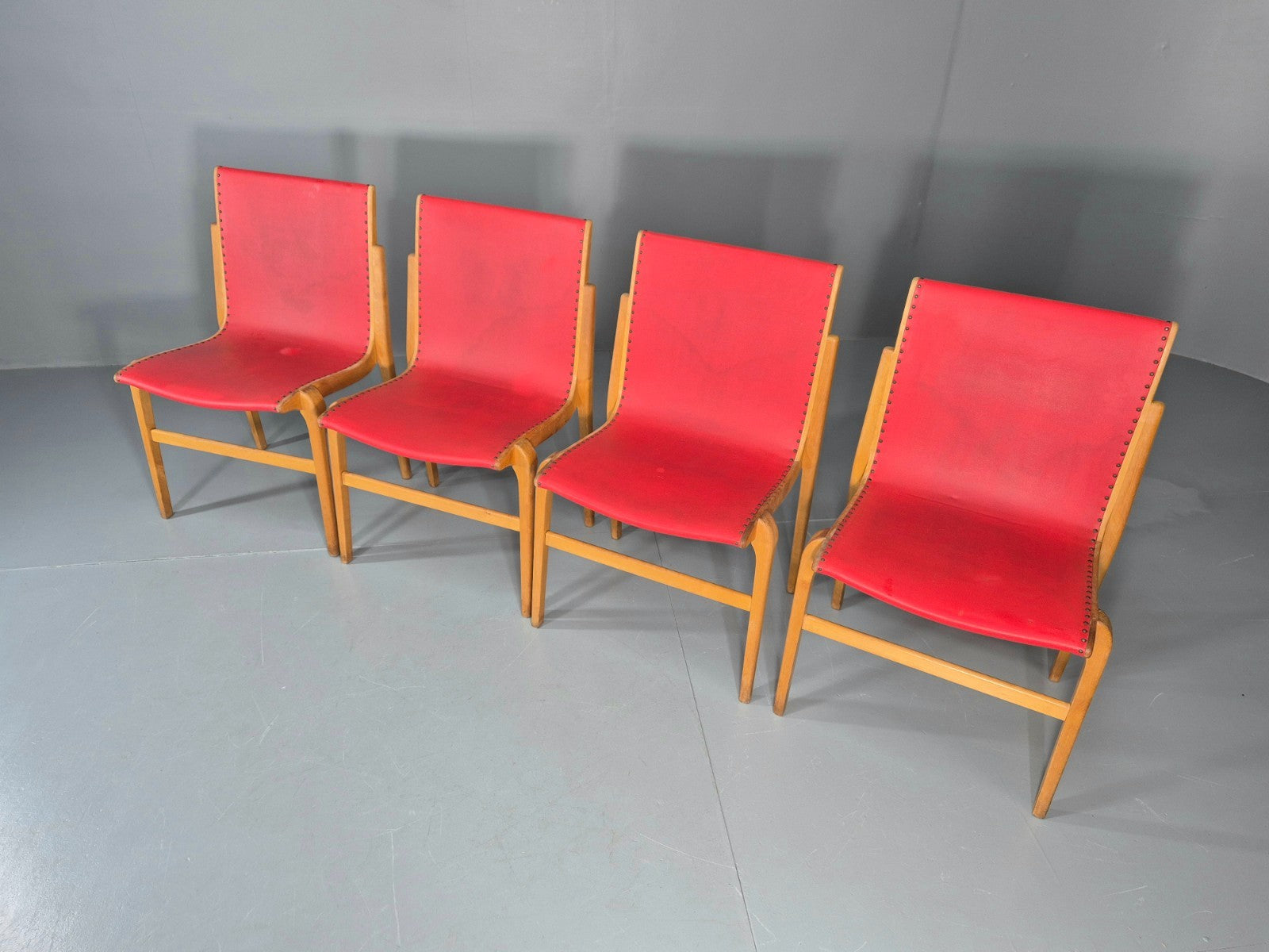4 Stacking Lounge Chairs 1950s Swedish Red Beech Mid Century Retro EB11102 MDIN4