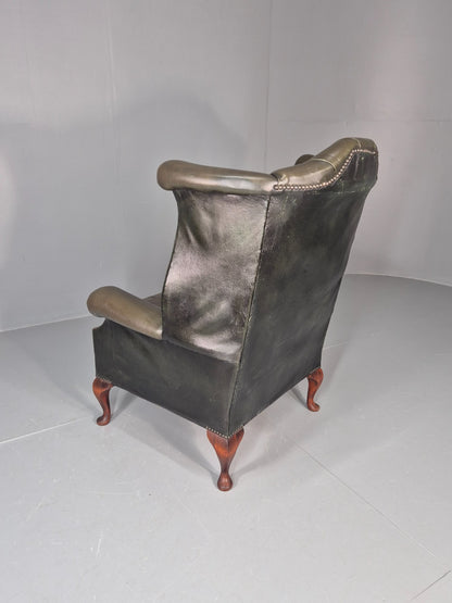 Vintage Wingback Leather Lounge Chair Queen Anne Style 1970s Retro EB11532 VLEA20