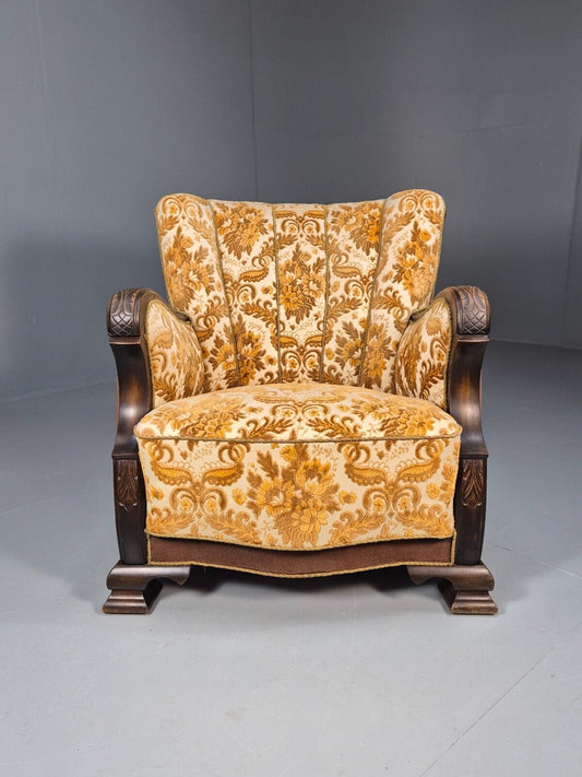 Vintage Danish Lounge Chair Oranges and browns Carved Wood 1950s EB8931 VCLO - UKDK FURNITURE