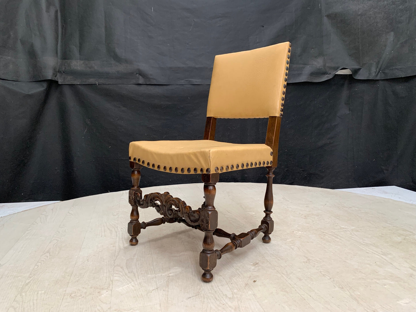 Danish Carved Dining Chair Studded Oak  with Tan Vinyl Vintage EB2915 VDIN0