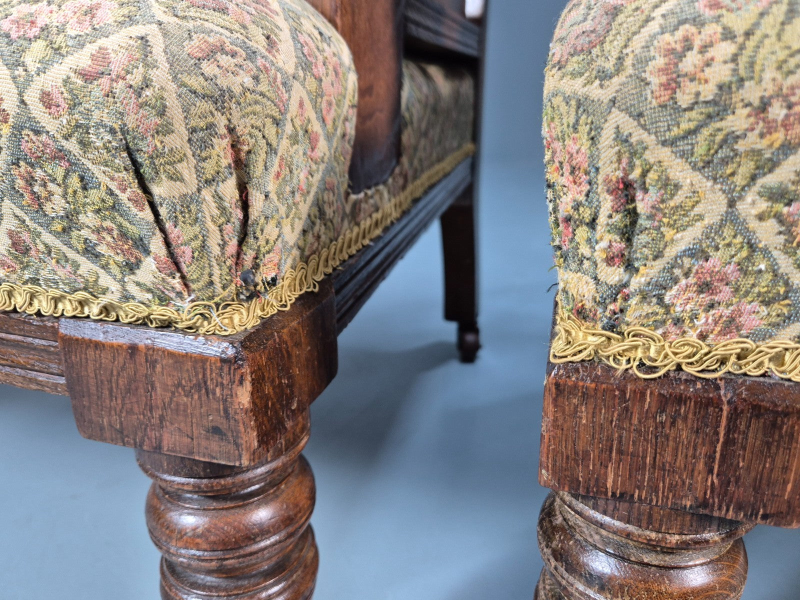 2 Edwardian Carved Oak Lounge Chairs Embroidery Upholstery 1900s EB10690 VCAR13