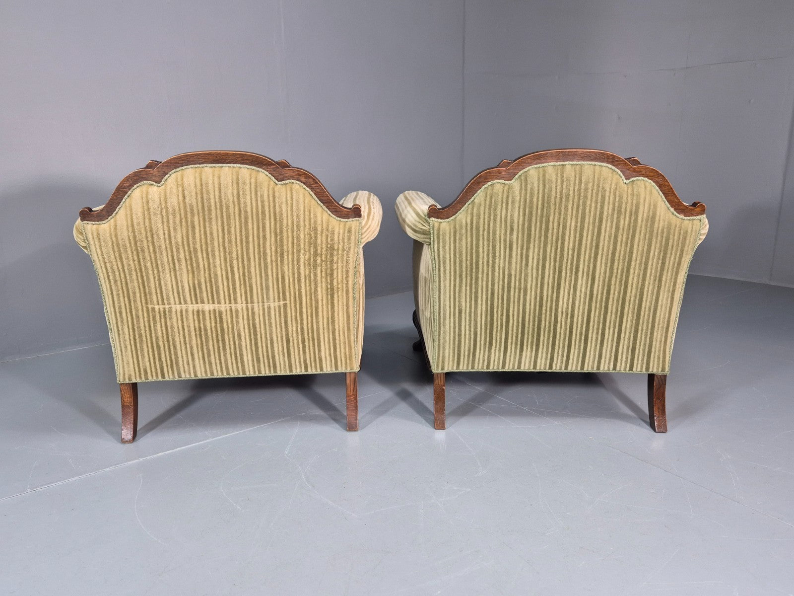 2 Antique Deep Lounge Chairs Oak Frame Green Corduroy 1900s  EB10758 VCAR12