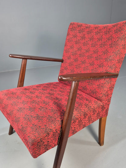 Mid Century Danish Armchair Teak Wood Red Pattern Fabric Vintage 60s EB9598 MNOR - UKDK FURNITURE