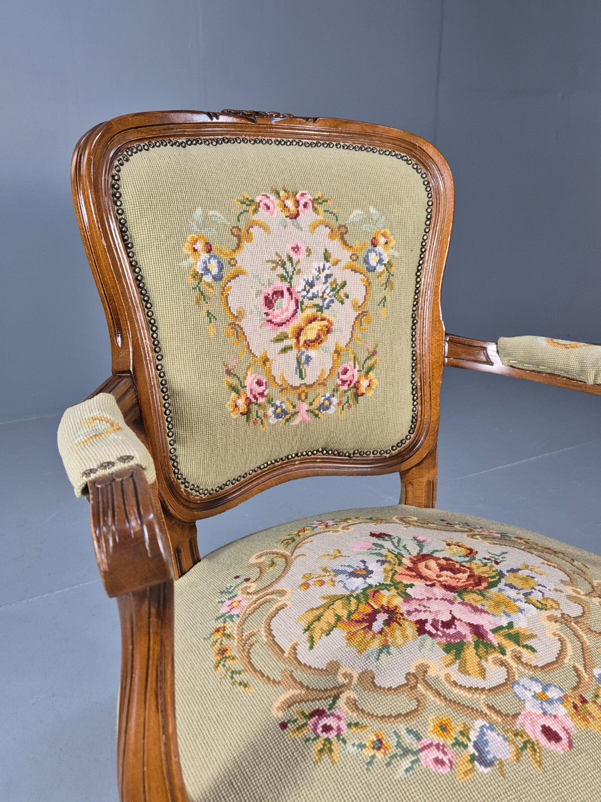 Vintage Rococo Fauteuil Floral Tapestry Carved Frame Danish 1960s EB9554 VCAR - UKDK FURNITURE