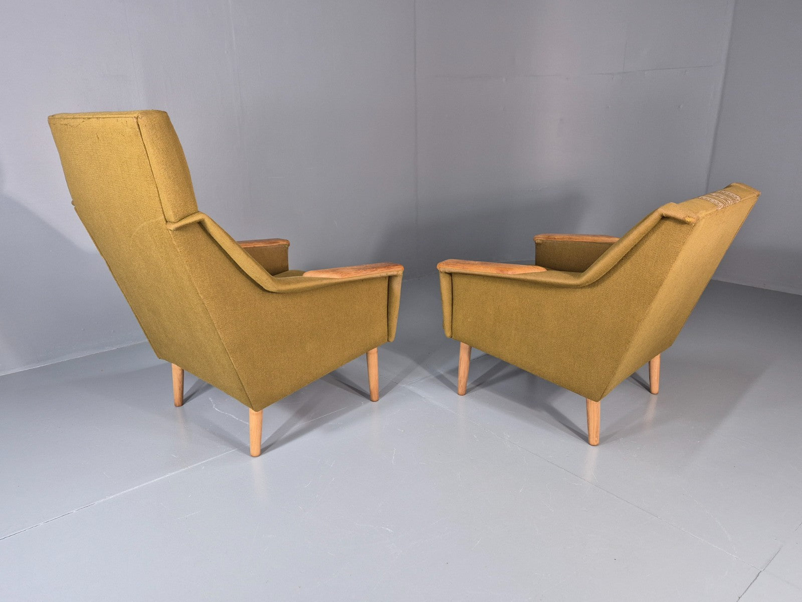 2 1970s Danish Lounge Chairs Green Wool Oak Details Retro Quality EB11408 MNOR13