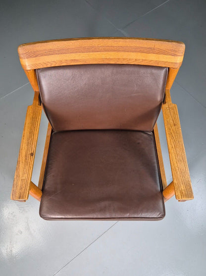 Vintage Scandinavian Elbow Chair Brown Leather Oak Frame Retro MCM EB7021 MNOR - UKDK FURNITURE