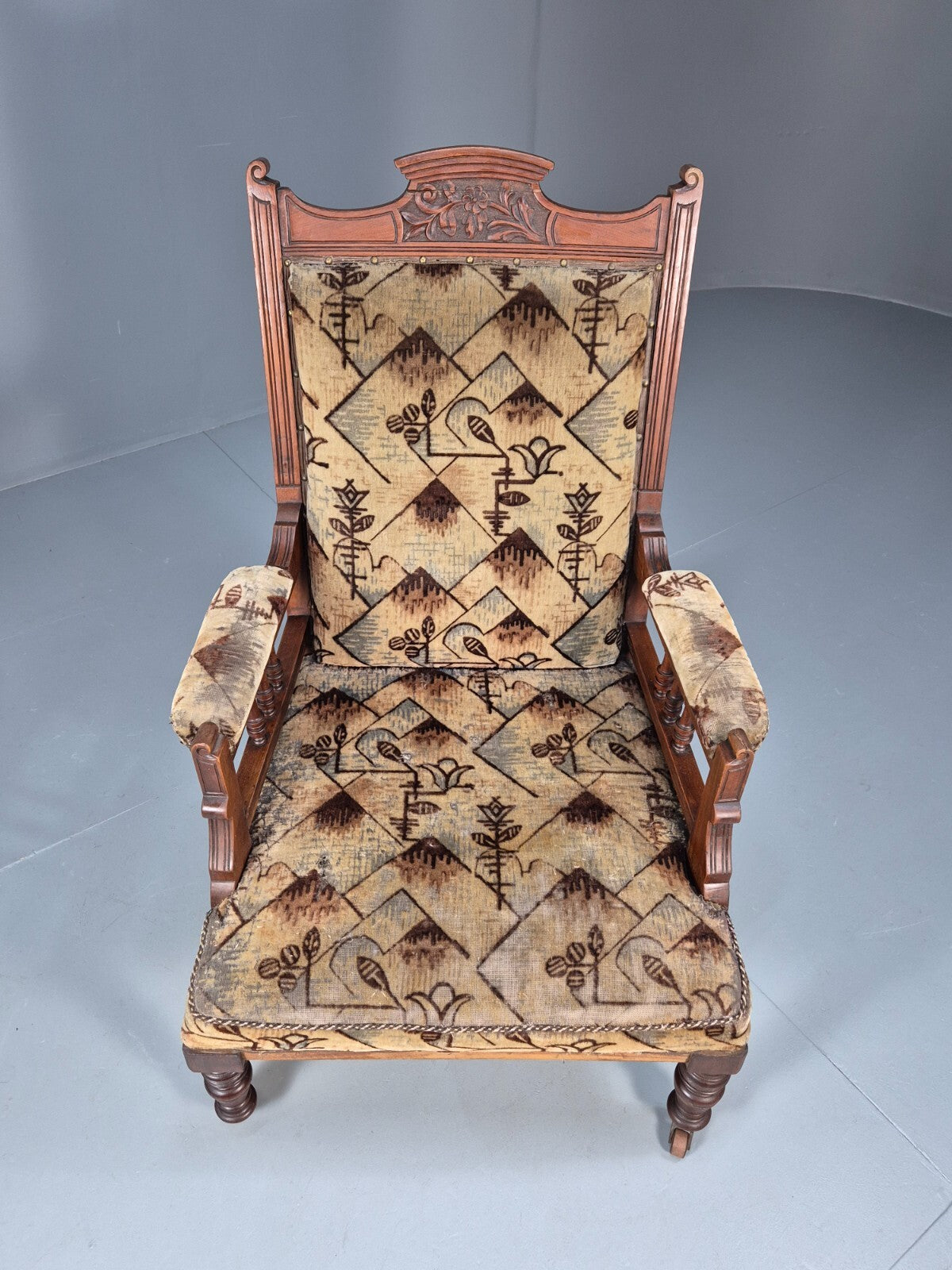 Antique Mahogany Library Chair Beige Geometric Fabric Edwardian EB9703 VCAR - UKDK FURNITURE