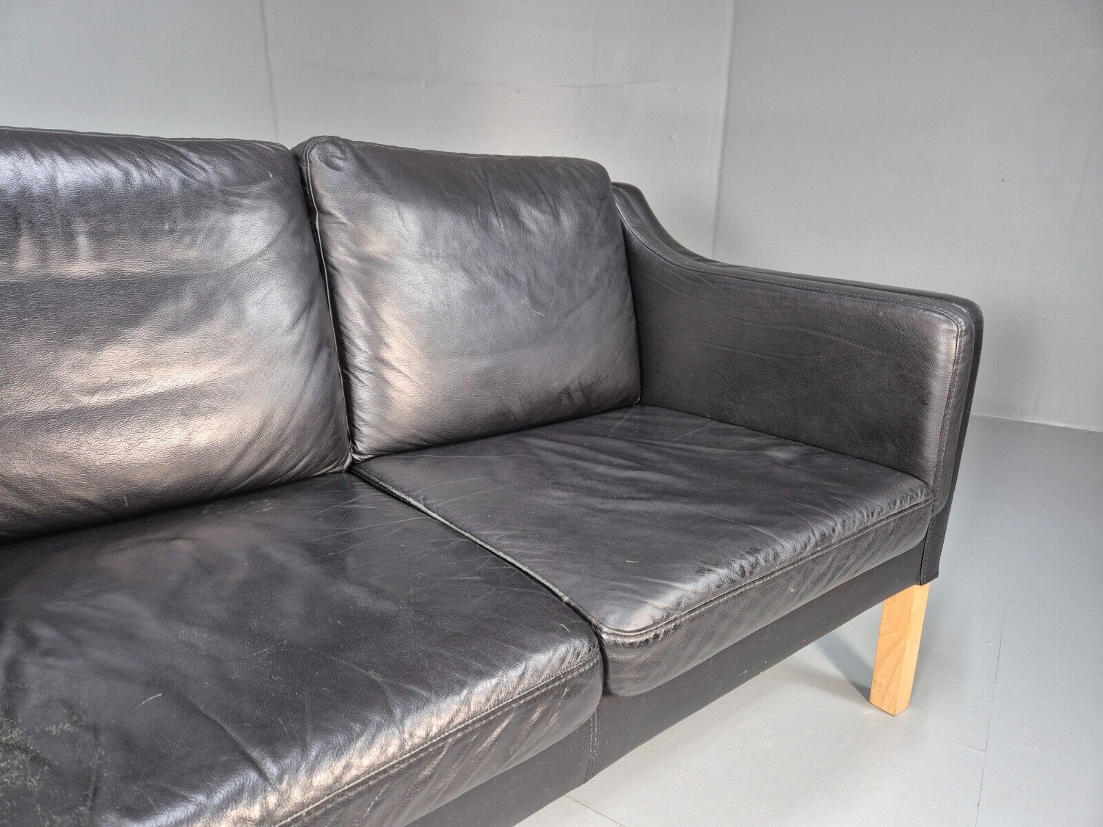 Vintage Danish 2 Seat Sofa Black Leather Mogensen Style Retro MCM EB8615 M2SS - UKDK FURNITURE