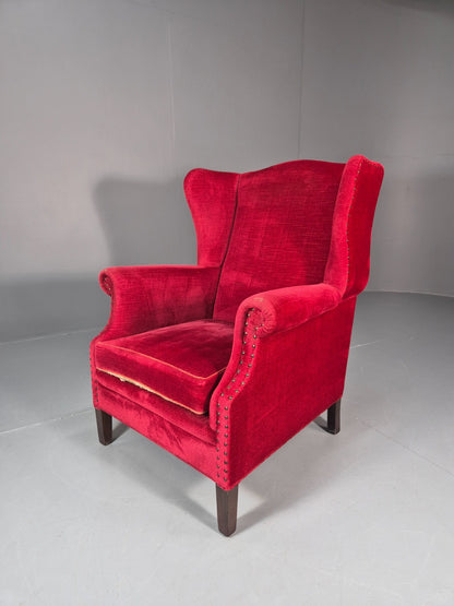 Wing Back Lounge Chair Red Velour Danish 1960s Georgian Style EB10754 VCLO0