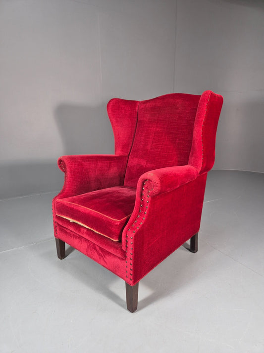 Wing Back Lounge Chair Red Velour Danish 1960s Georgian Style EB10754 VCLO0