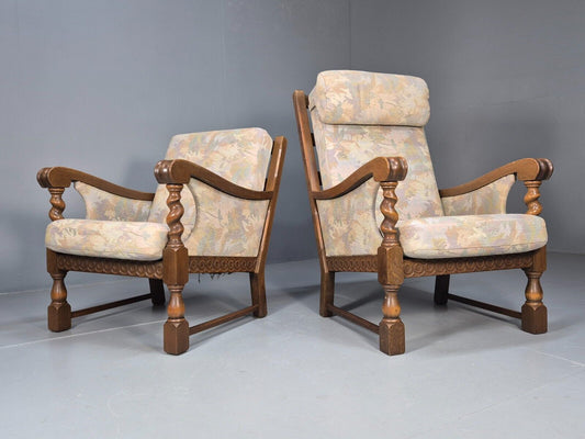 2 Vintage Danish Lounge Chairs Floral Beige Cotton Oak Frame Baroque EB8952 VCLO - UKDK FURNITURE