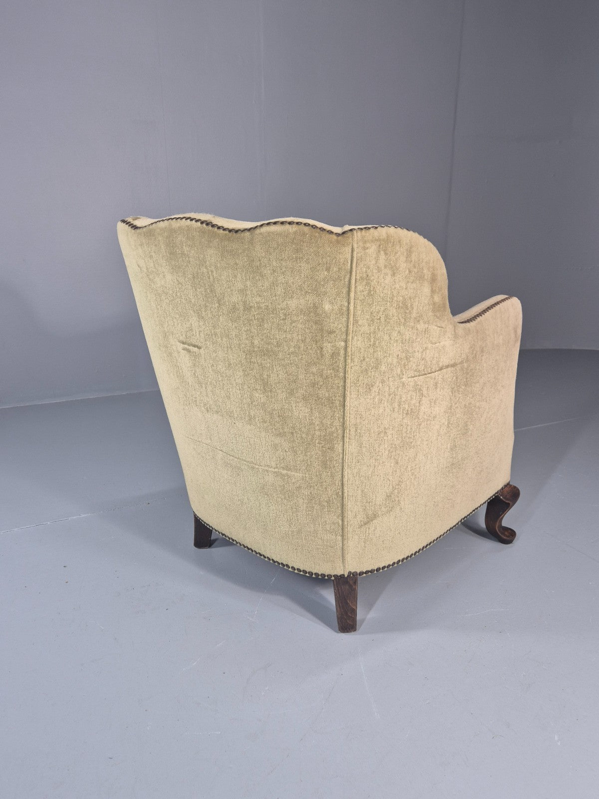 Danish Deco Lounge Chair 1930s Green Velour Stud Work Cabriole Leg EB11298 VCLO11