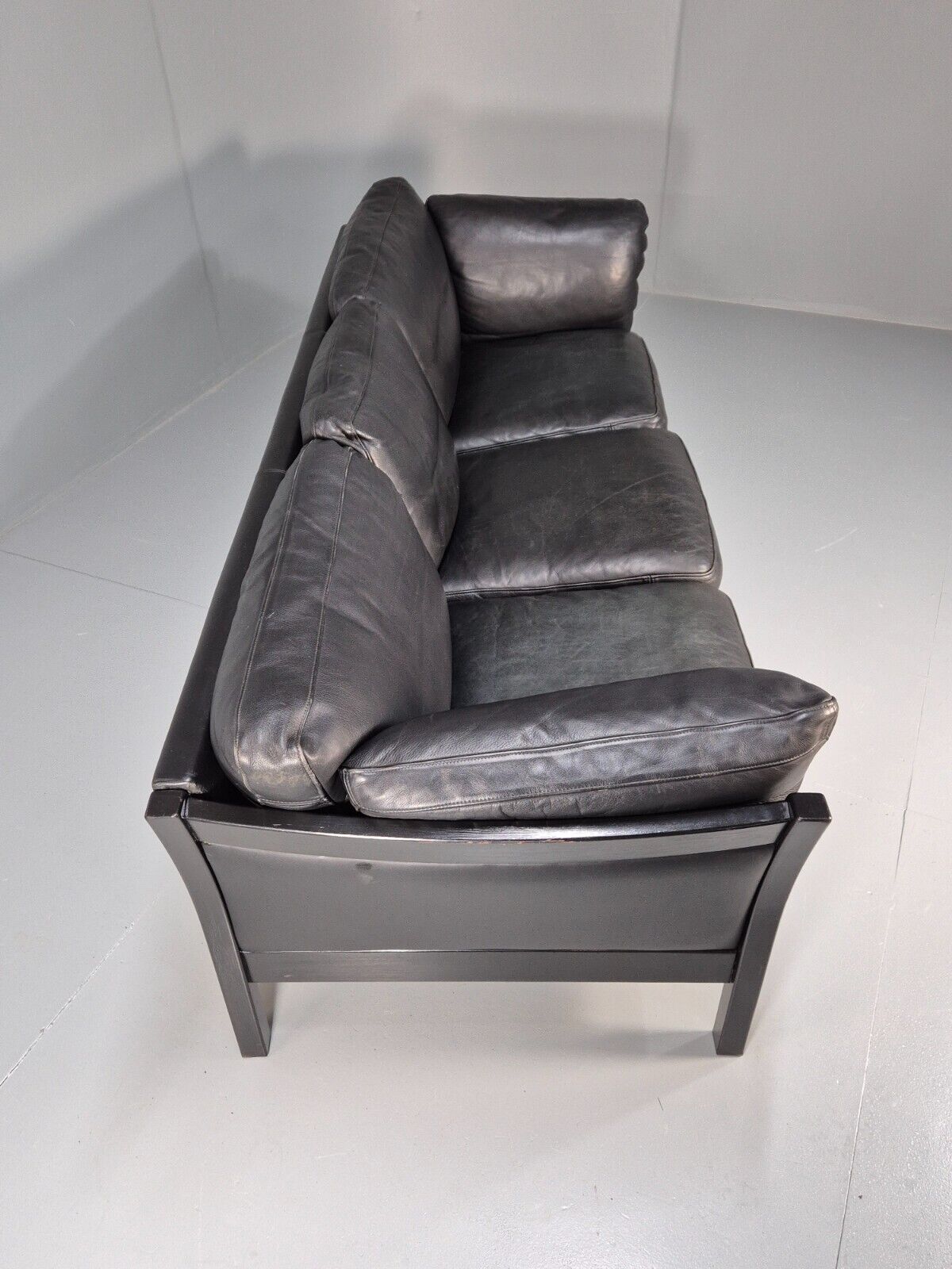 Vintage Danish 3 Seat Sofa Black leather Wood Frame Retro 1980s MCM EB8698 M3SS - UKDK FURNITURE