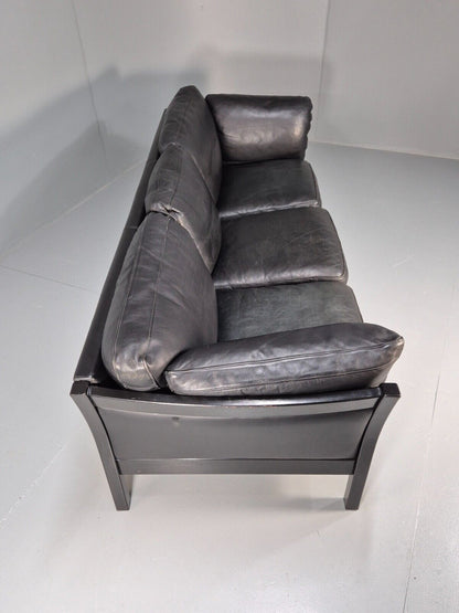 Vintage Danish 3 Seat Sofa Black leather Wood Frame Retro 1980s MCM EB8698 M3SS - UKDK FURNITURE