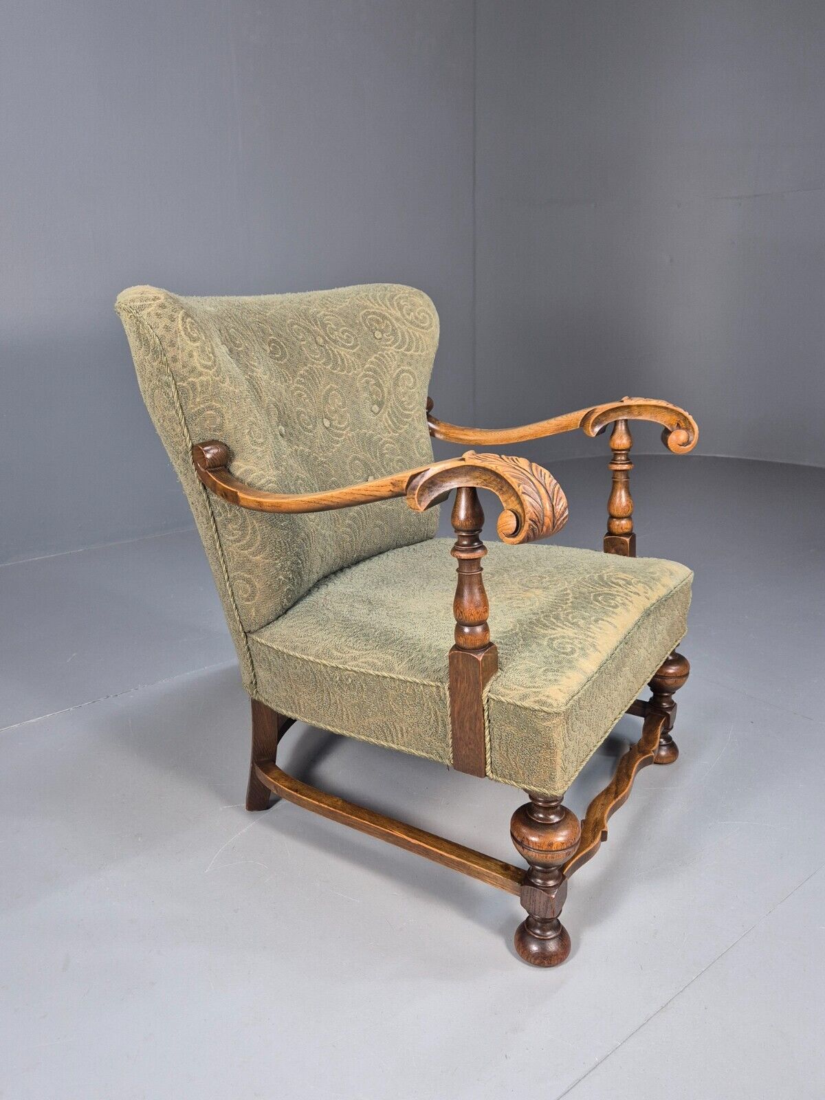Vintage Danish Lounge Chair Green Moquette Carved Oak Frame 1940s EB8981 VCLO - UKDK FURNITURE