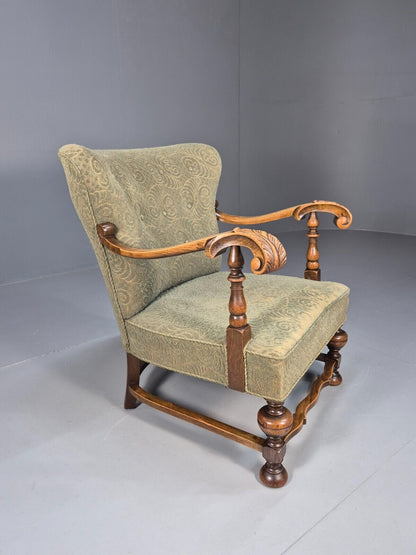 Vintage Danish Lounge Chair Green Moquette Carved Oak Frame 1940s EB8981 VCLO - UKDK FURNITURE