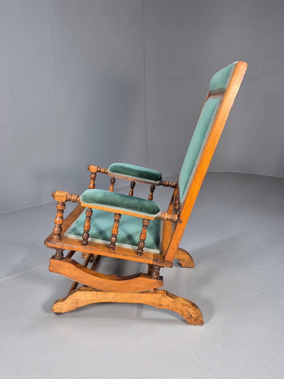 An Edwardian Mahogany Rocking Chair American Style Green Velvet EB9408 VCLO - UKDK FURNITURE