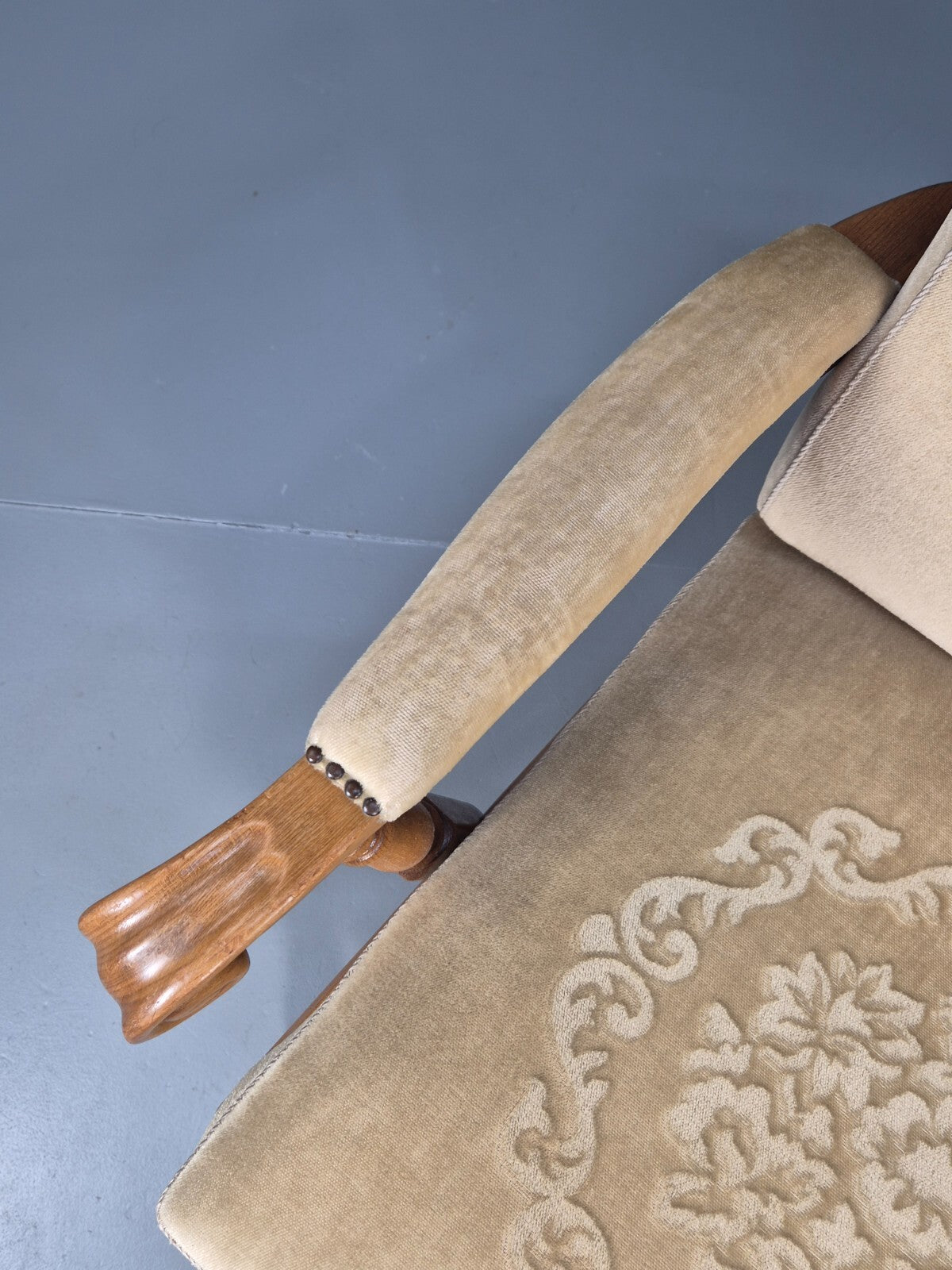 Vintage Danish Oak Frame 1970s Lounge Chair Gold Floral Upholstery EB9658 VCLO - UKDK FURNITURE
