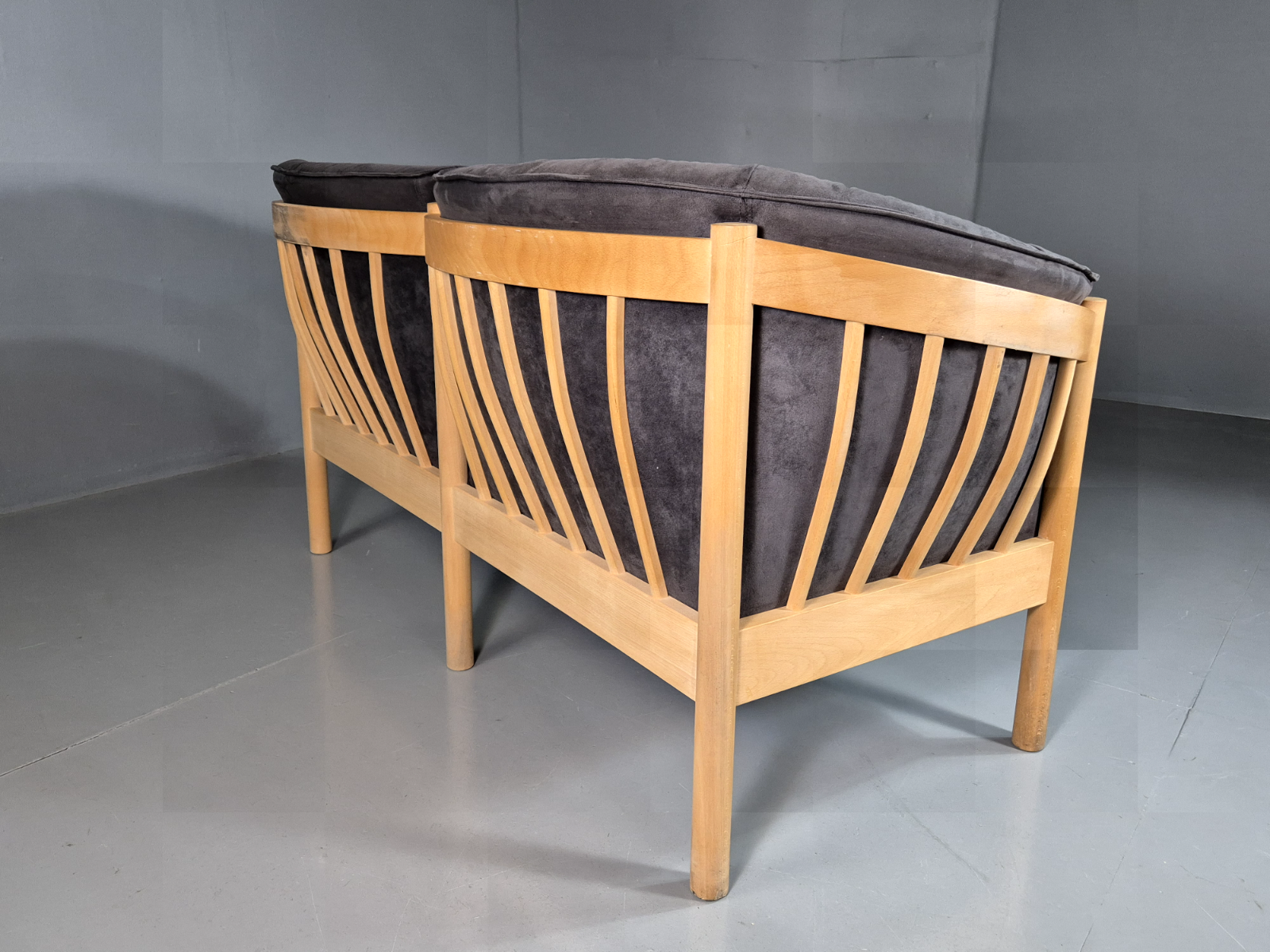 Vintage Danish 2 Seat Sofa Slate Velour Beech Frame Curved Retro MCM EB7198 M2SS - UKDK FURNITURE