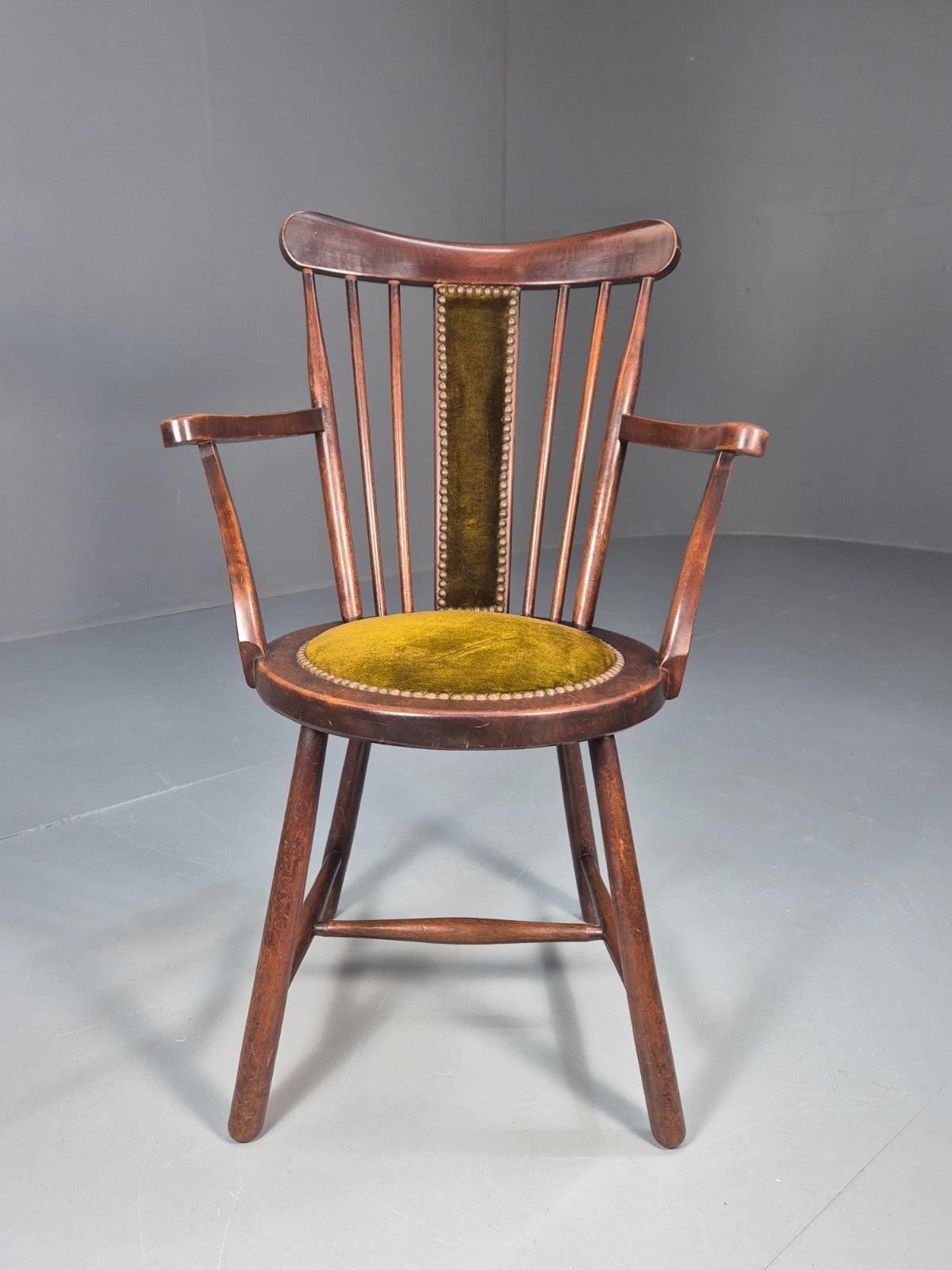 Antique Edwardian Penny Seated Elbow Chair Green Velour EB10612 VWOO2