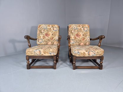 2 Ercol Cloister Lounge Chairs Dark Elm Frame Floral Upholstery 70s EB10987 VCAR2
